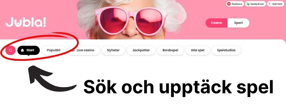 jubla casino spelkategori och sökfunktion