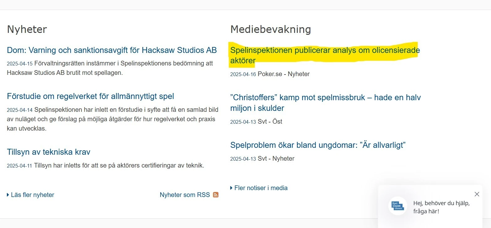 Spelinspektionens nyhetssida