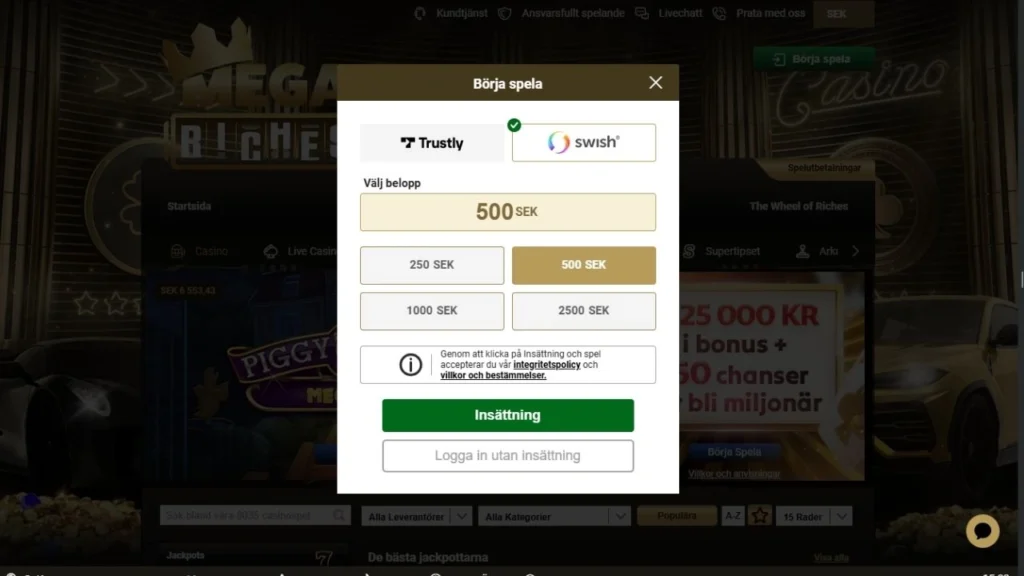 Mega Riches betalningsmetoder Swish och Truslty