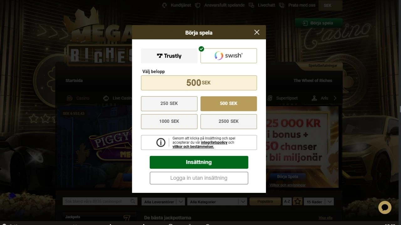 Mega Riches betalningsmetoder Swish och Truslty