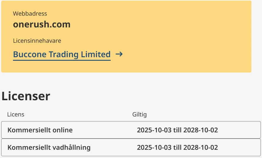 Onerush casino spellicens Sverige