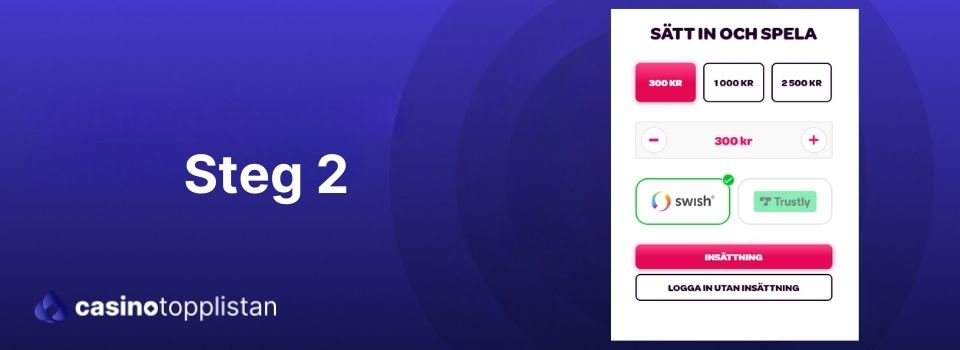 Insättningsida på nätcasino med Swish och Trustly