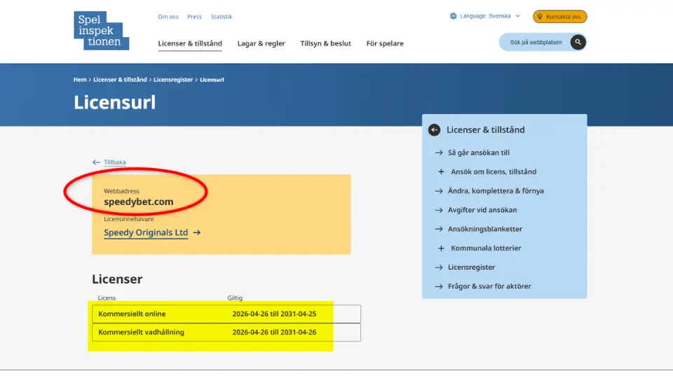 Spelinspektionens licensregister för speedybet.com, giltig till 2031